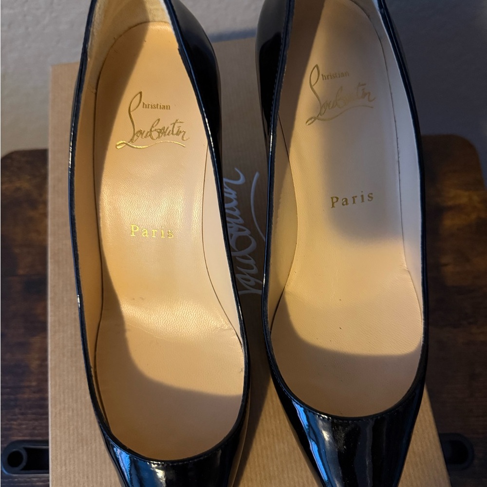 Christian Louboutin Black Patent Leather Pointed Toe Pumps with Red Soles - Picture 11 of 13